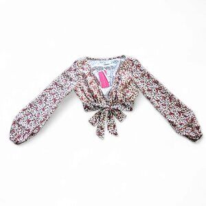NWT Sz4 Beginning Boutique Blouse Balloon Sleeves TieFront Cropped Paisley Brown